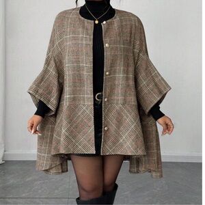 Plus Plaid Print Button Down 3/4 Sleeve Ruffle Hem Jacket Coat 1X 2X 3X 4X